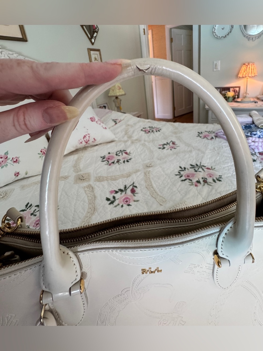 Ralph Lauren “Taylor, Belti Double-Zip Embossed Leather Satchel” in Ivory - Picture 8 of 17